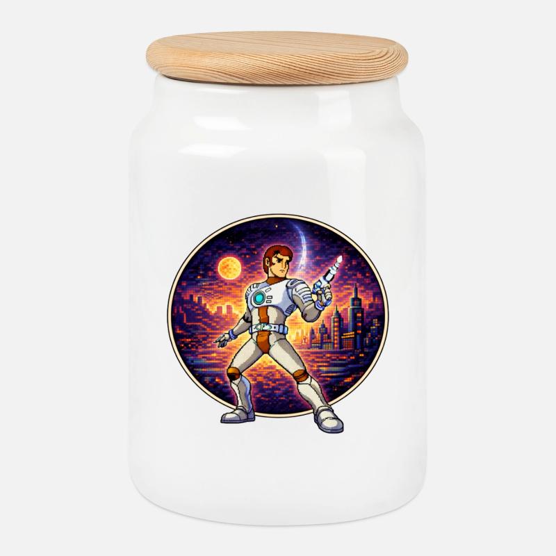 Pixel Captain – Retro Sci-Fi Hero - Cookie Jar with Wooden Lid - white