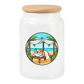 Beach Spa Bulldog Dog Relaxing Art - Cookie Jar with Wooden Lid - white - Front