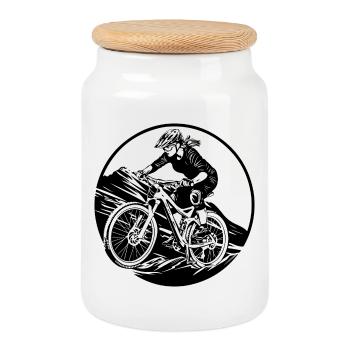 Mountain Bike Bicycle Woman Silhouette - Cookie Jar with Wooden Lid - white - Front