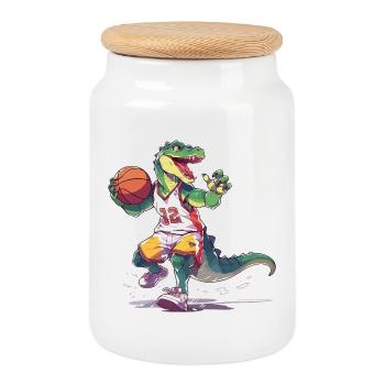 Joueur de basket-ball Dinosaur T-Rex - Boîte à biscuits avec couvercle en bois - blanc - Devant