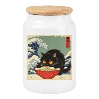Japan Cat Ramen Noodles Retro Wave Pattern - Cookie Jar with Wooden Lid - white - Front