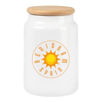 Benidorm Sunburst Circle Logo Badge - Cookie Jar with Wooden Lid - white - Front