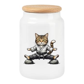 Karate Aikido Cat in Kimono - Cookie Jar with Wooden Lid - white - Front