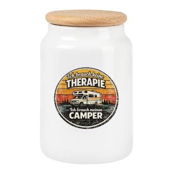 Therapie? Nein, mein Camper – Retro Sticker - Keksdose mit Holzdeckel - Weiß - Vorne