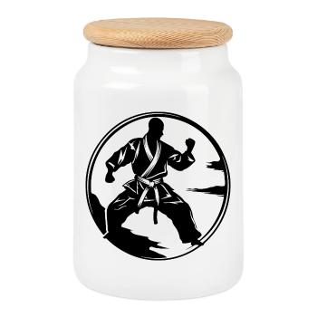 Karate Man Silhouette - Cookie Jar with Wooden Lid - white - Front
