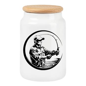 Silhouette de l’homme pêcheur - Boîte à biscuits avec couvercle en bois - blanc - Devant