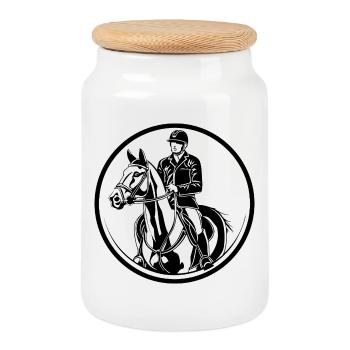 Riding Horse Man Silhouette - Cookie Jar with Wooden Lid - white - Front