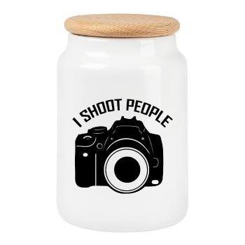 I Shoot People – Lustiges Fotografen Kamera Design - Keksdose mit Holzdeckel - Weiß - Vorne