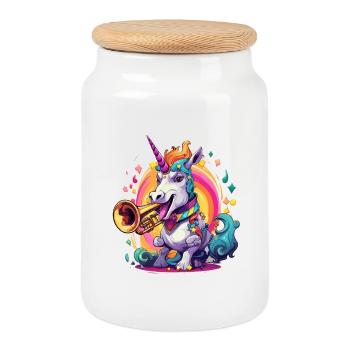 Unicorn Trompete im Regenbogenwirbel - Keksdose mit Holzdeckel - Weiß - Vorne