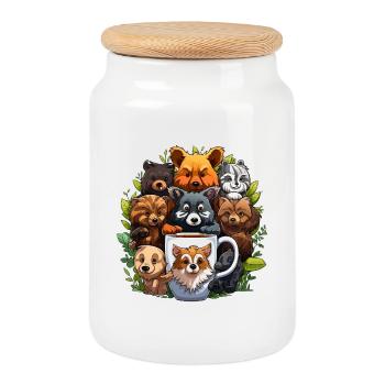 Gang de chiens câlins autour de la tasse à café - Boîte à biscuits avec couvercle en bois - blanc - Devant