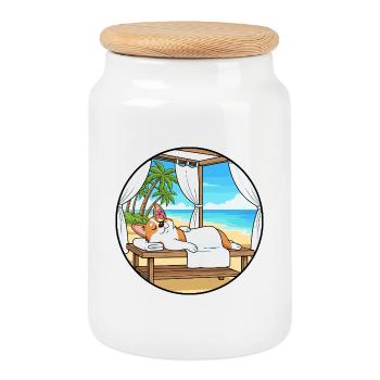 Beach Spa Corgi Dog Relaxing Art - Cookie Jar with Wooden Lid - white - Front