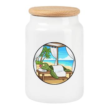 Beach Spa Turtle Animal Relaxing Art - Cookie Jar with Wooden Lid - white - Front