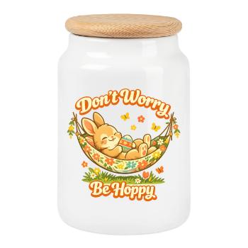 Un joli lapin de Pâques avec un œuf coloré et des lettres - Boîte à biscuits avec couvercle en bois - blanc - Devant