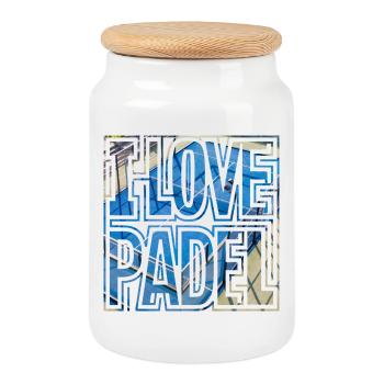 I LOVE PADEL, Padelcourt,  Geschenkidee Shirt - Keksdose mit Holzdeckel - Weiß - Vorne