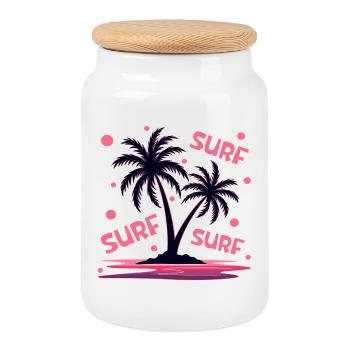 Surfing Palm Trees - Cookie Jar with Wooden Lid - white - Front