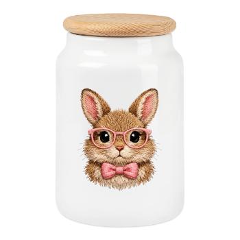 Cute Bunny with Glasses & Bow Tie | Easter Bunny - Cookie Jar with Wooden Lid - white - Front