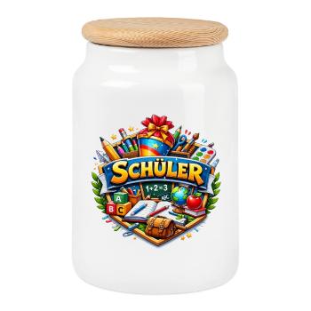 Student Learning World Sticker Design - Cookie Jar with Wooden Lid - white - Front
