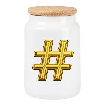 Gold Hashtag Emblem - Cookie Jar with Wooden Lid - white - Front