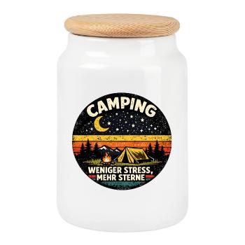 Camping, moins de stress, plus d’étoiles. - Boîte à biscuits avec couvercle en bois - blanc - Devant
