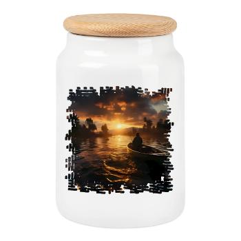 Sunset on the lake with boat fisherman - Cookie Jar with Wooden Lid - white - Front