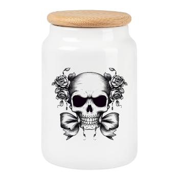 Skull Roses Contrast Design - Cookie Jar with Wooden Lid - white - Front