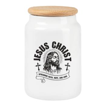 Jesus-Christus-Porträt mit Glaubensband - Keksdose mit Holzdeckel - Weiß - Vorne