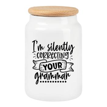 Silently Correcting Your Grammar – Lustiges Shirt - Keksdose mit Holzdeckel - Weiß - Vorne