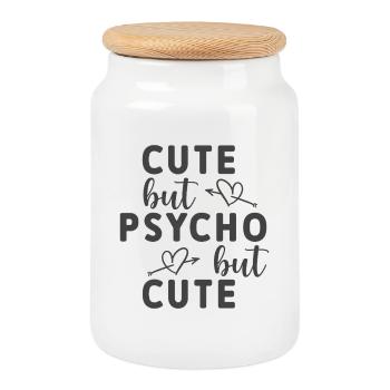 Cute but Psycho but Cute – Freches Statement Shirt - Keksdose mit Holzdeckel - Weiß - Vorne