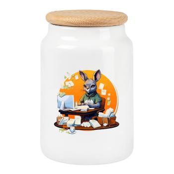 Lapin de bureau dans le chaos du papier - Boîte à biscuits avec couvercle en bois - blanc - Devant