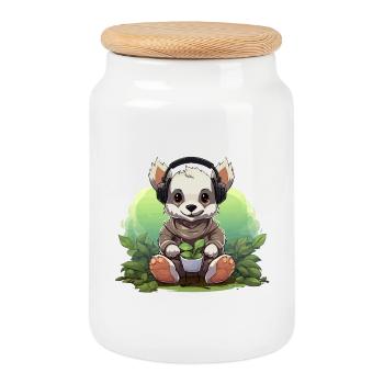 Headphone panda planting - Cookie Jar with Wooden Lid - white - Front