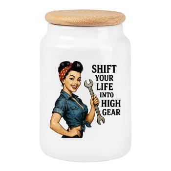 Vintage Workshop Pin-up: High Gear Lifestyle - Cookie Jar with Wooden Lid - white - Front