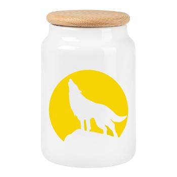 Moon Silhouette Wolf Howl - Cookie Jar with Wooden Lid - white - Front