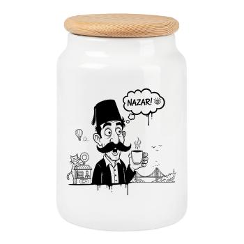 Moustachu au fez and Nazar Café - Cookie Jar with Wooden Lid - white - Front
