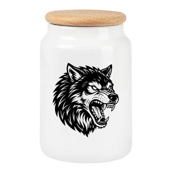Loup Noir et Blanc Logo Mascotte Wolf Alpha - Boîte à biscuits avec couvercle en bois - blanc - Devant