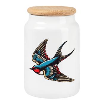 Swallow bird blue red plumage and tan wings - Cookie Jar with Wooden Lid - white - Front