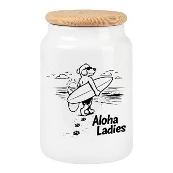 Aloha Ladies Surfer Dog Hawaiian Style - Cookie Jar with Wooden Lid - white - Front