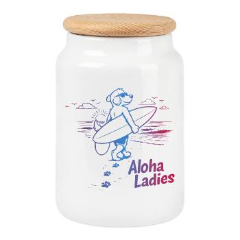 Aloha Ladies Surfer Dog Hawaiian Style - Cookie Jar with Wooden Lid - white - Front