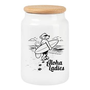 Aloha Ladies Surfer Dog Hawaiian Style - Cookie Jar with Wooden Lid - white - Front
