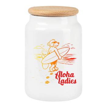 Aloha Ladies Surfer Hund Hawaii Style - Keksdose mit Holzdeckel - Weiß - Vorne