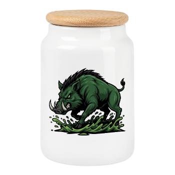 Sanglier Sauvage Charge Mascotte Forêt Wild Boar - Boîte à biscuits avec couvercle en bois - blanc - Devant