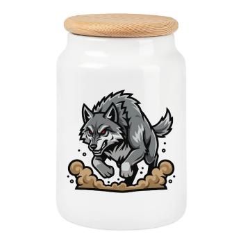 Wild Gray Wolf Charge Mascot Wolf Run - Cookie Jar with Wooden Lid - white - Front