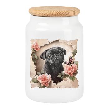 Mops mit Schmetterling - Keksdose mit Holzdeckel - Weiß - Vorne