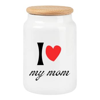 I Love My Mom - Mother's Day & Anniversa Gift - Cookie Jar with Wooden Lid - white - Front