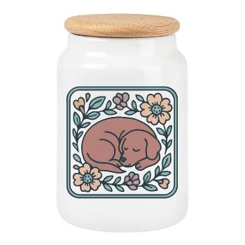 Chien endormi dans un cadre fleuri - Boîte à biscuits avec couvercle en bois - blanc - Devant