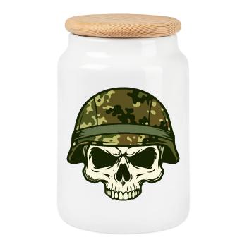 Kampfschädel Camouflage Totenschädel Militär Helm - Keksdose mit Holzdeckel - Weiß - Vorne