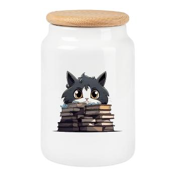 Kittens over stacks of books - Cookie Jar with Wooden Lid - white - Front
