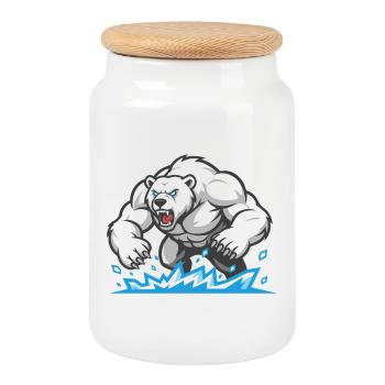 Polar Bear Muscular Maskottchen Polar Bear Gym - Keksdose mit Holzdeckel - Weiß - Vorne