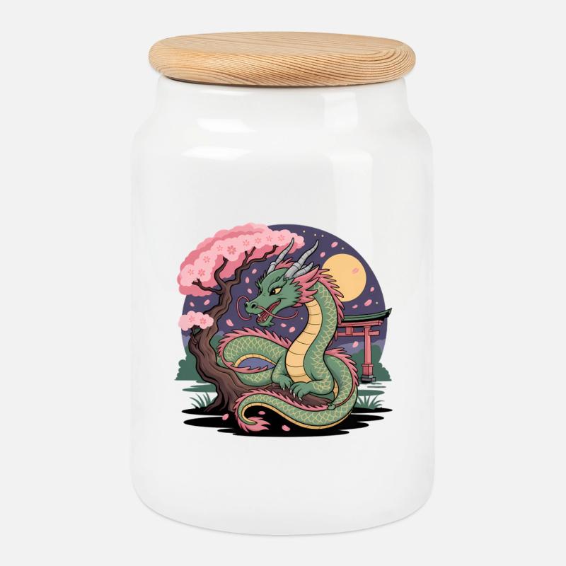 Drache Sakura unter dem Mond - Keksdose mit Holzdeckel - Weiß