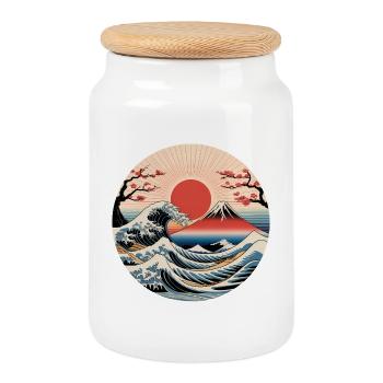 Fuji Wave in the Red Sun - Cookie Jar with Wooden Lid - white - Front