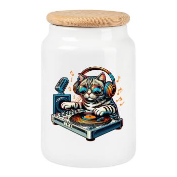 Cat DJ with headphones and turntable - Cookie Jar with Wooden Lid - white - Front